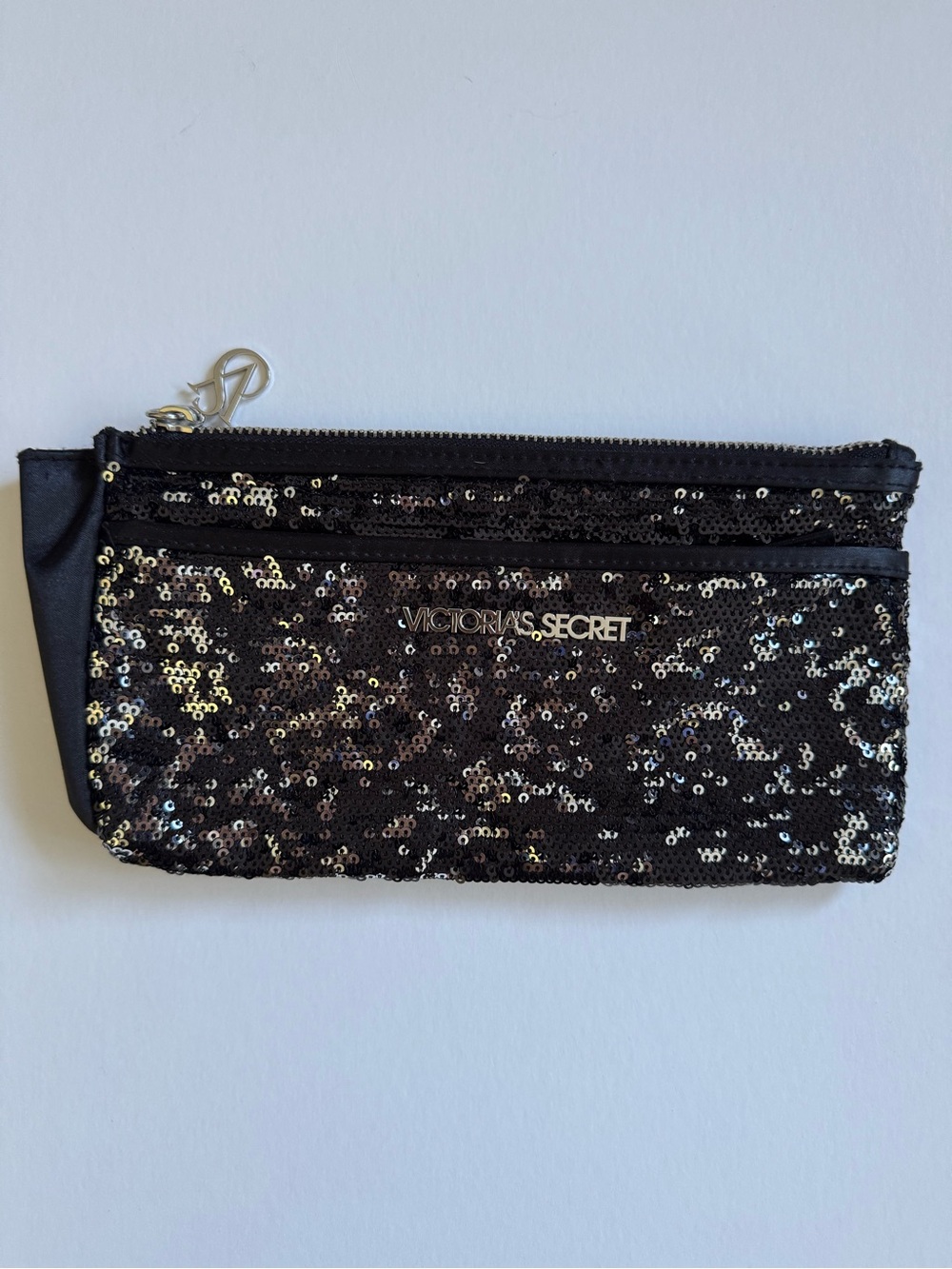 Victoria's Secret Black Sequin Cosmetic Pouch with Gold Accent